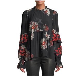 Joie Women's Black Floral Print Long Sleeves Crewneck Ronette Top Size Small